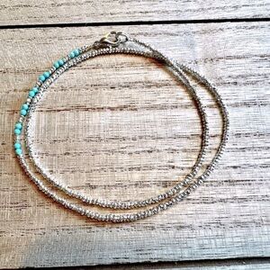 Shimmery Silver Hematite & Semi Precious Turquoise Wire Wrap Bracelet